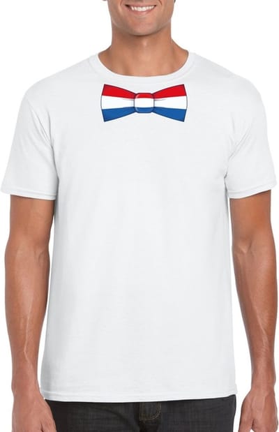 Wit t-shirt met Hollandse vlag strikje heren - Nederland supporter S