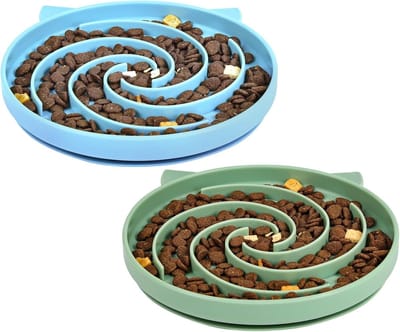 Langzaam Voerdispenser voor Huisdieren - 2 Stuks Siliconen Voedingsstation met Antislip Zuignap, Makkelijk Schoon te Maken voor Honden en Katten in Groene en Blauwe Kleuren
