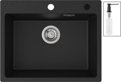 Auralum max Graniet spoelbak 55x45 cm - Enkele Spoelbak Keuken Met Zeepdispenser - Onderbouw Spoelbak Zwart - Spoelbak met overloop en Afvoer - Voor 60 cm kast