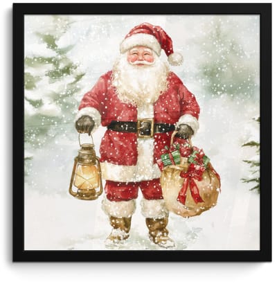 Poster in lijst - Fotolijst 40x40 cm - Posters - Kerstman- Winter - Sneeuw - Wit - Rood - Posterlijst zwart - Decoratie - Wanddecoratie woonkamer - Muurdecoratie slaapkamer - Kerstversiering - Kerstdecoratie voor binnen - Kerstmis