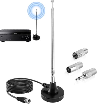 Telescopische DAB/FM Antenne | Radioantenne met Magnetische Voet | 19-79cm | Incl. 3 Adapters & 3m Verlengkabel | F-connectoren | Digitale Radio Antenne voor Binnen | Sterke Ontvangst | Eenvoudig te Installeren
