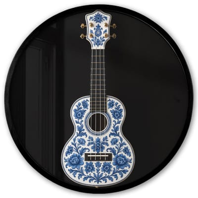 Poster in lijst Rond - Fotolijst 40x40 cm - Posters - Ukelele - Delfts - Blauw - Muziek - Ronde posterlijst zwart - Decoratie - Wanddecoratie woonkamer - Muurdecoratie slaapkamer