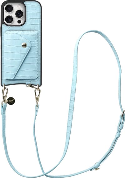 AVY Leren Hoesje geschikt voor Apple iPhone 16 Pro Max | Met Koord en Kaarthouder | Compatibel met MagSafe | Leather Case met Crossbody Koord & Wallet | Long Leather | Croco Blauw