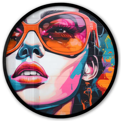 Poster in lijst Rond - Fotolijst 40x40 cm - Posters - Vrouw - Bril - Kleuren - Graffiti - Ronde posterlijst zwart - Decoratie - Wanddecoratie woonkamer - Muurdecoratie slaapkamer
