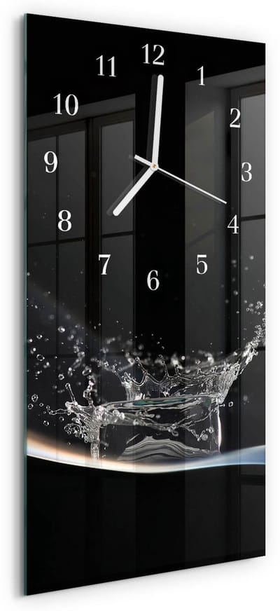 Tulup Wandklok - Water Moderne Wandklok Glas - 30x60 cm - Zwart Wandklok Glas Decoratie - Witte Handen - Rechthoekige Wandklok - Klok Glas Met Opdruk - Moderne Wandklok Glas