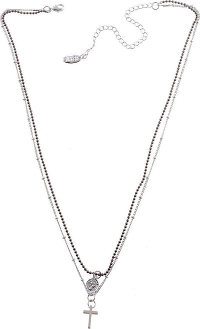 Behave Korte ketting 40 cm lengte, metaal, 2rijen, hanger, kruis + verlengketting