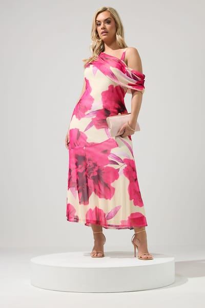 Yours London Witte Jurk Met Wazige Bloemenprint En Gedrapeerde Schouders Size 42