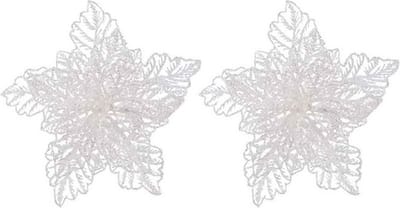 Decoris decoratie bloem - 2x - op clip - wit glitter - 23 cm - kunststof - kerstversieri- kerstboom decoratie - witte kerstversieringen