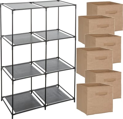 5Five Kastmandjes/opberg manden - lichtbruin - jute - 6x van 29 Liter - Metalen rekje is 68 x 98 cm