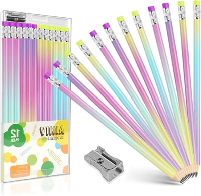 Set van 12 HB Potloden met Gekleurde Gum, Houten Grafiet Potloden voor School, Kantoor en Creatieve Projecten