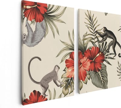 Artaza Canvas Schilderij Tweeluik Tropische Bloemen Met Apen Achtergrond - 80x60 - Foto Op Canvas - Canvas Print
