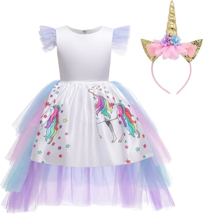 Joya Kids® Luxe Witte Eenhoorn Verkleed Jurk | Unicorn Jurk kostuum | Prinsessen jurk verkleedjurk + Haarband | Jurk met tule sleep | cadeau meisje | Maat 100