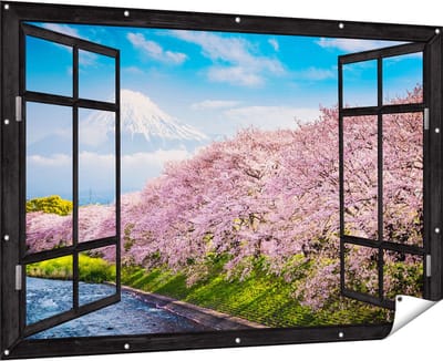 Gards Tuinposter Doorkijk Roze Bloesembomen bij de Fuji Berg - 180x120 cm - Tuindoek - Tuindecoratie - Wanddecoratie buiten - Tuinschilderij