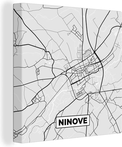 Canvas Schilderij Stadskaart – Plattegrond – België – Zwart Wit – Ninove – Kaart - 20x20 cm - Wanddecoratie
