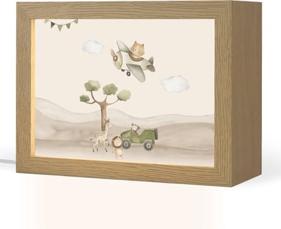 Nachtlampje 20x15 cm - Kinder lampje - Wilde dieren - Safari - Pastel kleuren - Watercolor - Vliegtuig - Tafellamp kinderkamer - Slaapkamer lamp - Bedlamp kinderen - Kinderlampje stopcontact - Wandlamp babykamer - Nachtlampjes