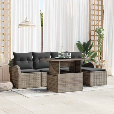 vidaXL Tuinbank Set met kussen met opslag 6 pcs Grijs Poly rattan