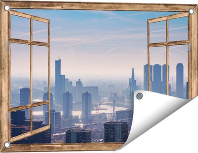Gards Tuinposter Doorkijk Rotterdamse Skyline - 60x40 cm - Tuindoek - Tuindecoratie - Wanddecoratie buiten - Tuinschilderij