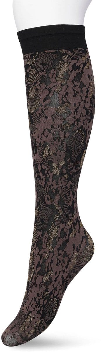 Bonnie Doon Dames Panty Kniekous met Bloemen maat 36/42 Bruin - Luxe Kniekous met Lurex Glansdraden - Glitters - Botanische Knie Sokken - Pantykousen - Botanical Lurex Knee High - Gladde Naden - Zeer Comfortabel - Shopping Bag - BP211508.347
