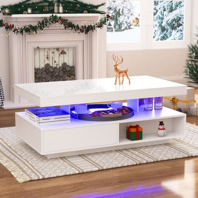 STILVORA Salontafels - Moderne Salontafel Met LED En Glasplaten - 2 Lades En 2 Open Vakken - 95x50x42,5 cm - Hout - Wit