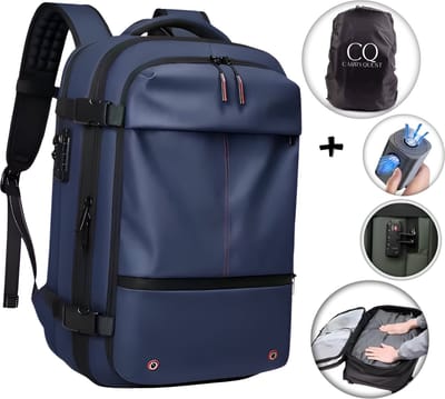 CarryQuest® - Vacuum rugzak Zen -Incl. Pomp- NEW Kleur Blauw - Reis Rugzak Handbagage - Waterdicht-Ademende -Comfortabele schouderbanden-Antidiefstal ritszak-Waterdicht en slijtvast materiaal-17,3-inch laptop compatibel