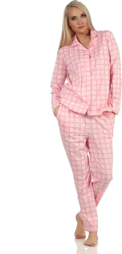 Dames jersey pyjama met doorknoop in ruitjesoptiek - ook verkrijgbaar in oversize