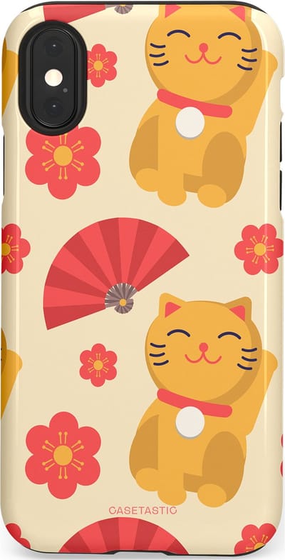 Casetastic hoesje geschikt voor Apple iPhone X / Apple iPhone XS - Dubbellaagse bescherming - Japanse Poezenvreugde - Lucky Cats - Fashion Case - Crème Koraal Goud
