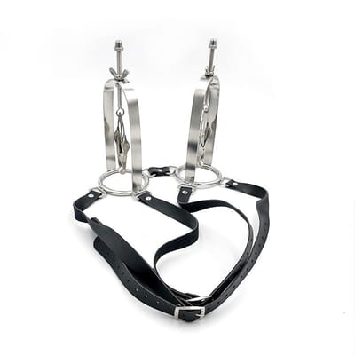 Nooitmeersaai - Tepelstretchers kooi met harnas - Metaal/PU leer - Zilver/zwart - 450 gram