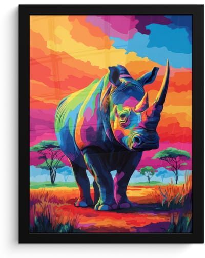Poster in lijst - Fotolijst 30x40 cm - Posters - Neushoorn - Zonsondergang - Savanna - Kleurrijk - Posterlijst zwart - Decoratie - Wanddecoratie woonkamer - Muurdecoratie slaapkamer