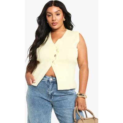 boohoo Dames PLUS ASYMMETRISCH GOUDE KNOOPVEST | Lemon | Maat: 24-26