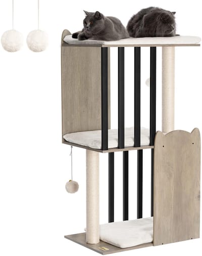 111,3 cm 3-Tier Modern Cat Tree Tower Condo, Kattenkrabpalen voor Binnenkatten, Grote Plaat, Twee 50 cm Volledige Sisal Krabpalen, Greige