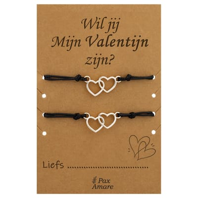Koppel Armbandjes voor 2 "Wil jij mijn Valentijn Zijn?" - Verbonden Hartjes - Vriendschapsarmbandjes met Persoonlijk Cadeau Kaartje - Zilverkleurig - Elastisch Verstelbaar - Pax Amare