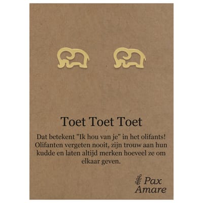 Stainless Steel Olifant Oorbellen op Cadeau Kaartje - Toet toe toet - ± 10x10mm Oorknopjes Goudkleurig Roestvrij Staal - Pax Amare