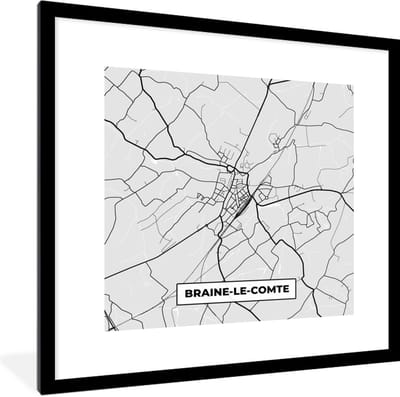 Fotolijst incl. Poster Zwart Wit- Stadskaart – Plattegrond – België – Zwart Wit – Braine le Comte – Kaart - 40x40 cm - Posterlijst