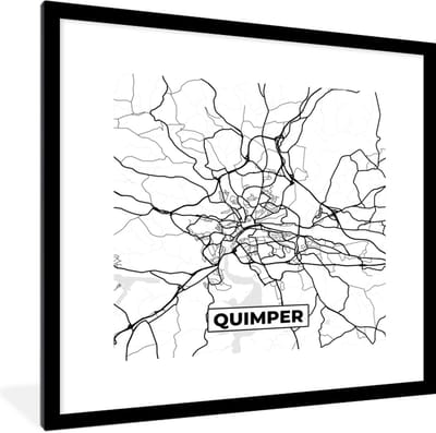 Fotolijst incl. Poster Zwart Wit- Quimper - Plattegrond - Kaart - Frankrijk - Stadskaart - Zwart wit - 40x40 cm - Posterlijst