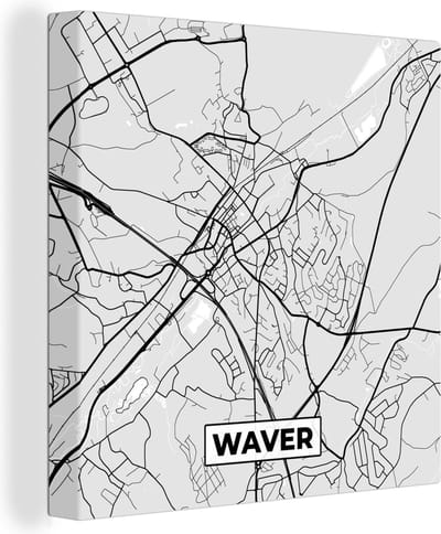 Canvas Schilderij Kaart – Plattegrond – Stadskaart – Waver – België – Zwart Wit - 20x20 cm - Wanddecoratie