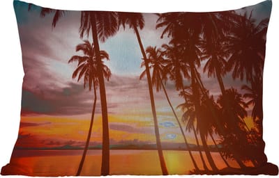 Buitenkussens - Tuin - Zee - Palmboom - Zonsondergang - Strand - Silhouette - 50x30 cm