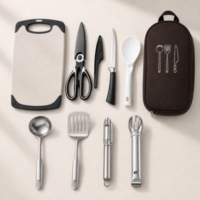 Kampeerservies Set 8-Delig - Lichtgewicht RVS Kookset voor 2-3 Personen - Outdoor Picknick, Glamping & BBQ - Compact Opbergtas - Bruin
