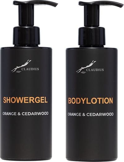 Douchepakket Sweet Orange & Cedarwood - Showergel + Bodylotion - 300 ml per fles - bodycare - luxe fles - set van 2 stuks - Cadeau