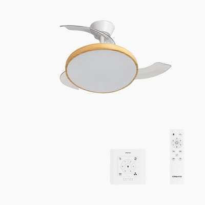 CREATE - Stille plafondventilator met intrekbare bladen (Ø91cm) - Met licht LED - Controller voor wandmontage + Afstandsbediening - 6 snelheden - Programmeerbaar - WIND CLEAR STUDIO