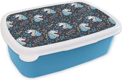 Broodtrommel Blauw - Lunchbox - Brooddoos - Unicorn - Quote - Regenboog - Patronen - 18x12x6 cm - Kinderen - Jongen