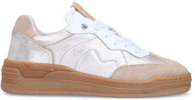 Manfield - Dames - Zilveren leren sneakers met beige suède details - Maat 36