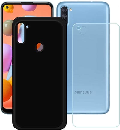 Silicone hoesje zwart met 2 Pack Tempered glas Screen Protector Geschikt voor: Samsung Galaxy M11