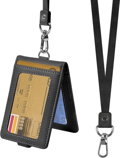 YAGXIG Zwart - ID-kaarthouder met koord Verticale leren ID-badgehouderbeschermer voor toegang tot studentencreditcards, geschikt voor maximaal 5 kaarten, 1 stuk