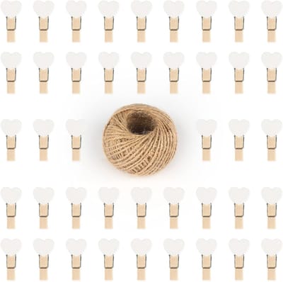 100 stuks mini houten hartknijpers - 3,5 cm foto display clips - kleine wasknijpers met 30 M jute koord voor kunst en ambachten, bruiloften en evenementen