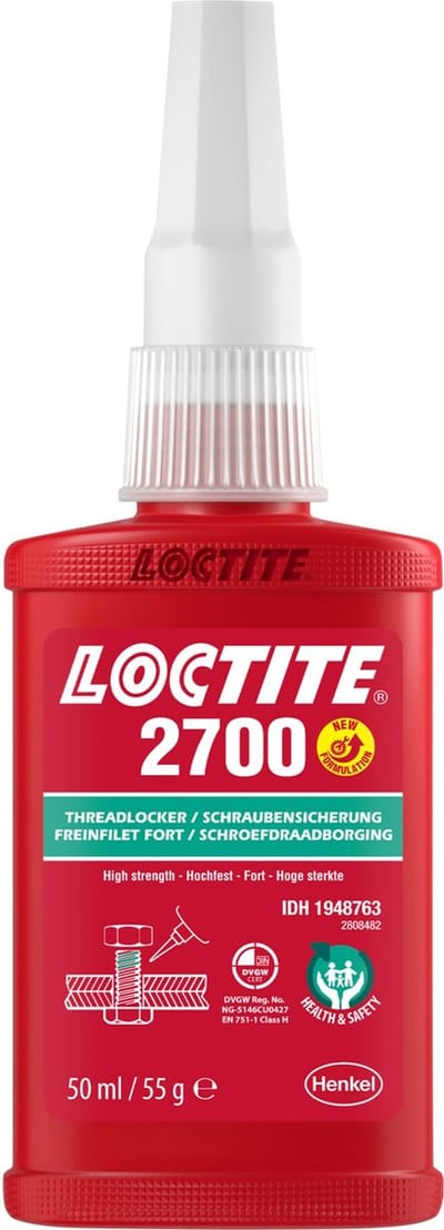 LOCTITE 2700 / 50ML Schroefdraadborging - hoge sterkte. Permanente borging. Blanco Veiligheidsinformatieblad, geen labels. Geschikt voor alle metalen schroefdraadverbindingen. Made in Ireland.