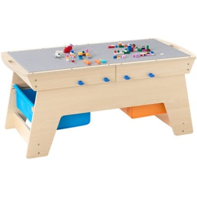 VEVOR Kindertafel 905 x 497 x 393 mm, Houten Activiteitentafel, Multifunctionele Speeltafel met 200 Bouwstenen en 3 Opbergbakken, Bouwstenentafel, Cadeau voor Kinderen vanaf 3 Jaar, Houtkleur