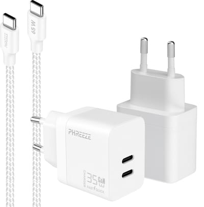 Phreeze usb C oplader 35 W met usb C naar usb C kabel 1 meter - Super fast charger A55 A54 en Tablet - GaN power adapter met 2 usb C poorten