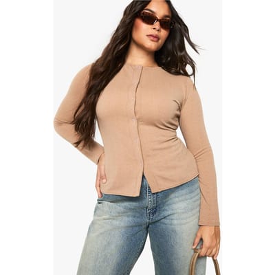 boohoo Dames Plus Ripple Rib Top met knoopsluiting | Mokka | Maat: 44