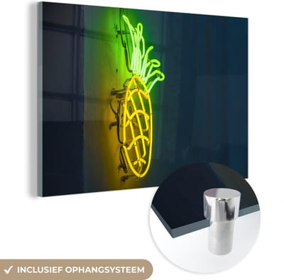 ® Glasschilderij 180x120 cm - Schilderij acrylglas - Ananas - Neon - Lamp - Foto op glas - Muurdecoratie woonkamer - Wanddecoratie slaapkamer - Schilderijen