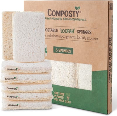 Composty All-in-One Loofah Scourer Eco Sponges 6 stuks - plasticvrij, biologisch afbreekbaar, voor afwas, voor keuken en badkamer